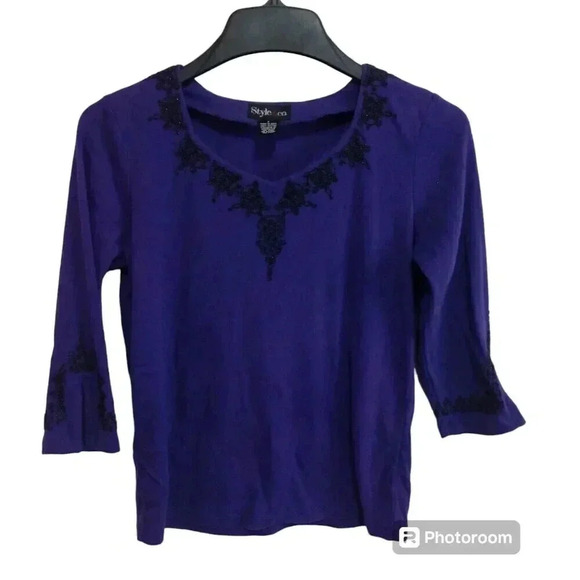 Style&co. Tops - Style & Co XL Beaded Purple Blouse Stretch Knit Long Sleeve Size Small